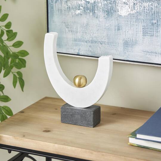 10.25" White Abstract Curved Semicircle Marble & Metal Sculpture with Gold Orb Accent